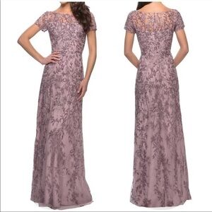 LA FEMME Dusty Lilac Lace Column Gown